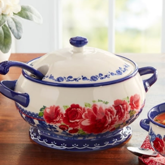 ❤️ New Pioneer Woman Frontier Rose Cobalt Soup Tureen with Ladle - Picture 6 of 6